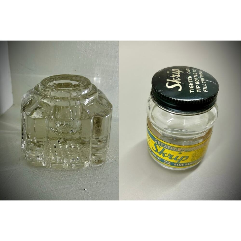 Vintage Pair of Collectible Ink Wells – Sheaffer Skrip & Antique Crystal Cube